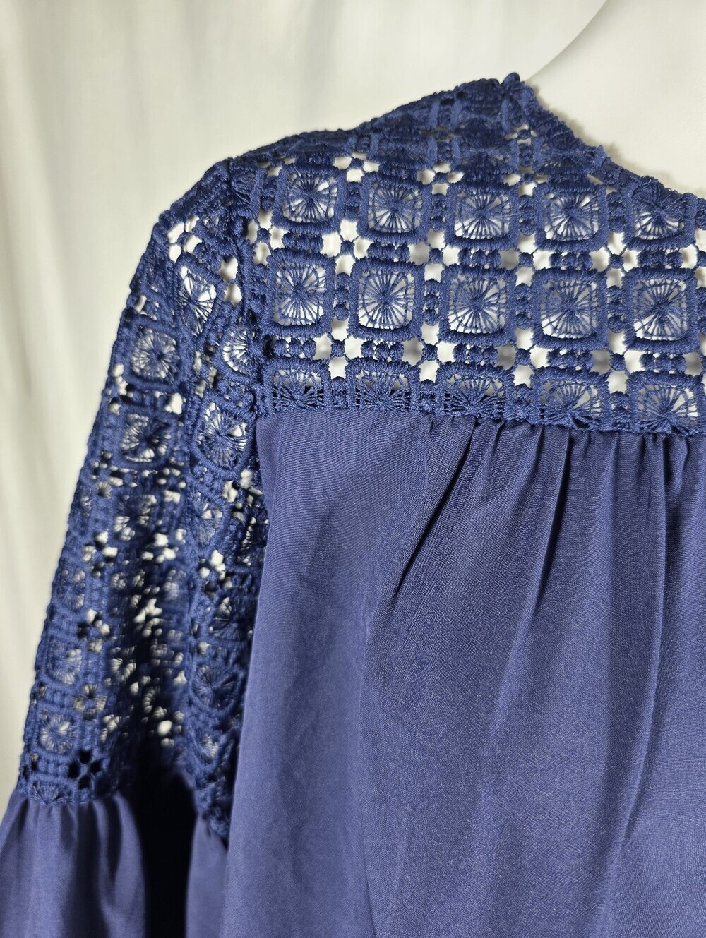 NWT Boutique Navy Blue Crochet Lace Bell Sleeve Blouse | Size L Boho Cottagecore - Picture 5 of 12